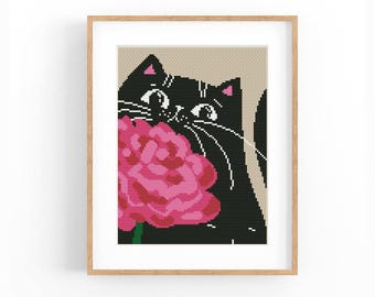 花柄猫シルエットクロスステッチキット、猫がいる場所が家、動物の刺繍