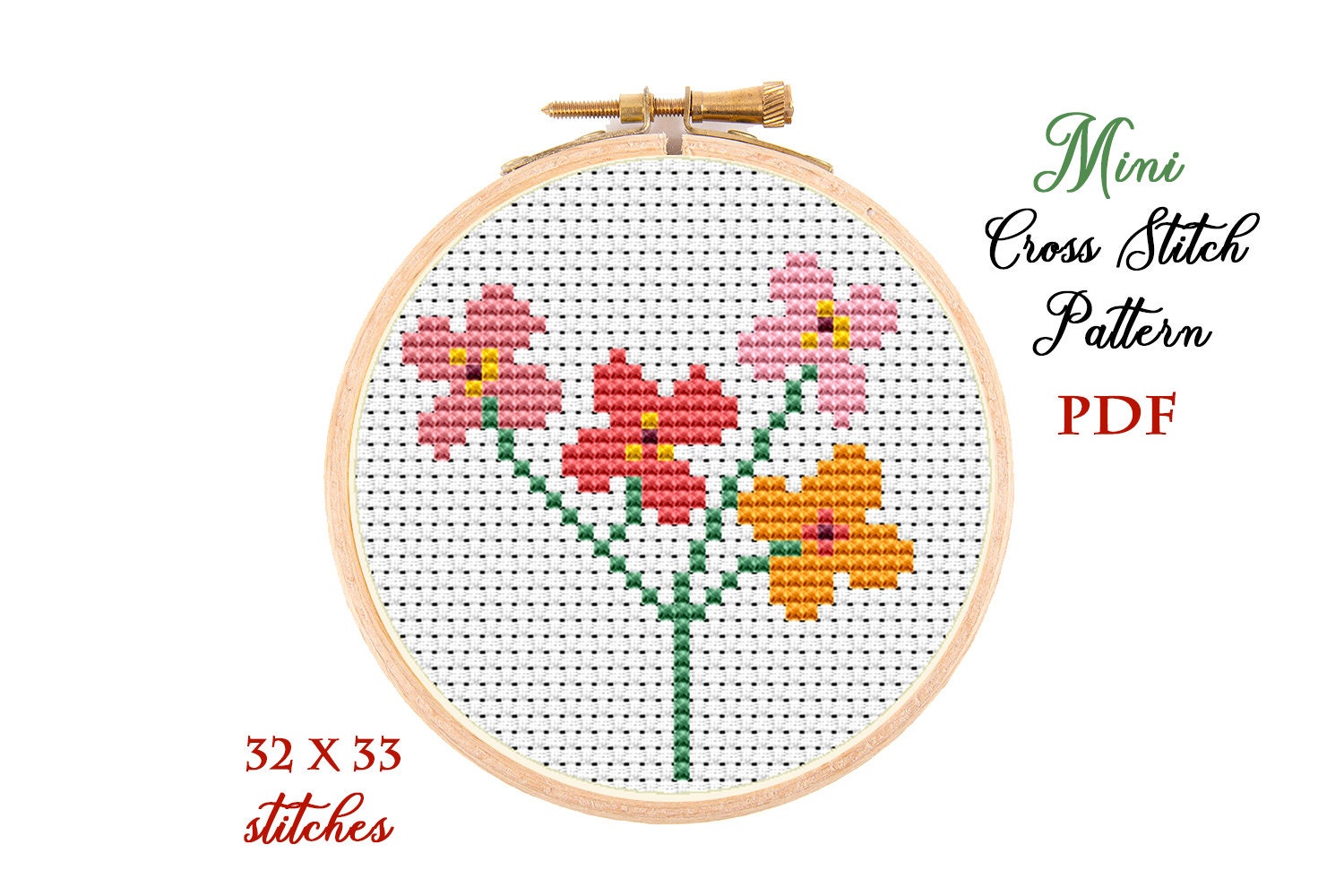Mini Cross Stitch Pattern. Pink Flowers. Counted cross stitch chart. Flower  hoop art embroidery. Tiny xstitch beginner. Instant download PDF