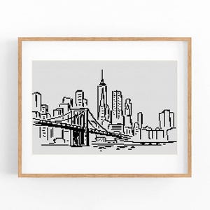 Könnte beinhalten: Schwarz-weiß-Linienkunst-Illustration der Skyline von New York City mit der Brooklyn Bridge im Vordergrund.
