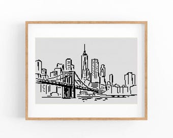 Korsstygnsmönster i New York City. Reseaffisch för USA. Korsstygnsdiagram. Broderi med konceptstadslandskap i PDF-format.