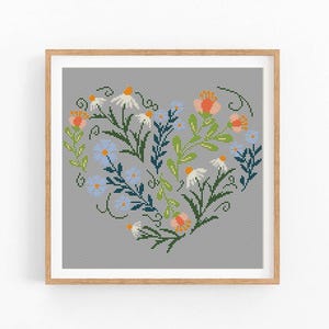 Padrão de ponto cruz moderno Flor Coração Amor, design de bordado para o Dia dos Namorados, gráfico de ponto cruz, ponto cruz para iniciantes, download instantâneo em PDF.