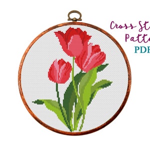 Cross Stitch Pattern. Tulips. Red flowers. Counted cross stitch chart. Nature hoop art embroidery. Floral small xstitch.Instant download PDF