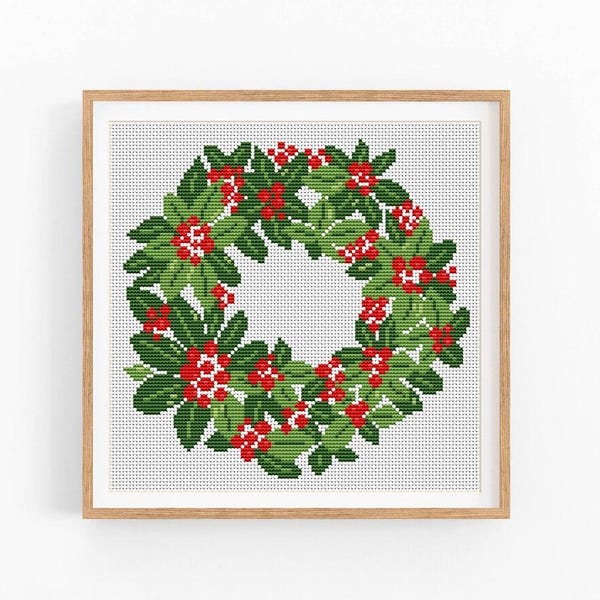 Merry Christmas Cross Stitch Pattern, Modern x-stitch Pattern, Winter Cross Stitch Chart, Holiday Wreath Pattern, Gift, Instant Download PDF