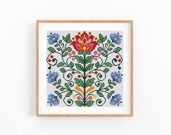Folk Flower Cross Stitch Pattern, Symmetrical Floral Chart, Instant Download PDF