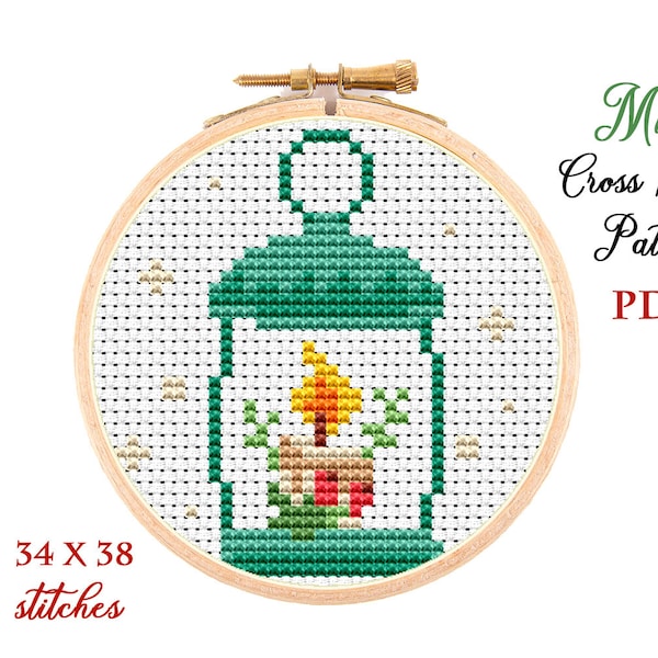 Mini Cross Stitch Pattern. Christmas Lantern. Hoop Art Embroidery. Counted xstitch chart. Xmas. Tiny xstitch beginner. Instant download PDF