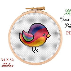 Mini Cross Stitch Pattern. Little bird. Counted cross stitch chart. Bird hoop art embroidery. Tiny xstitch for beginner.Instant download PDF