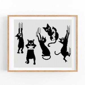 Könnte beinhalten: Schwarzweißes Kreuzstichmuster mit fünf schwarzen Katzen, die ihre Krallen ausgestreckt haben, als würden sie an einer Wand hochklettern. Die Katzen sind in verschiedenen Posen, einige schauen nach oben und andere nach unten.