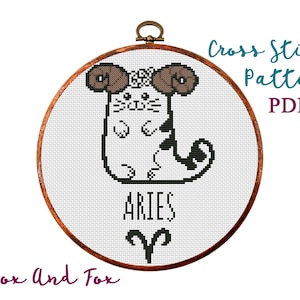 Gato del zodiaco. Aries. Patrón de punto de cruz moderno. Gráfico de punto de cruz contado. Bordado con bastidor. Astrología. Gatito, gatito. Descarga instantánea en PDF