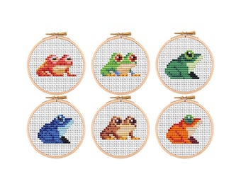 Set of 6 Tiny Frog Cross Stitch Patterns, Mini Bundle Modern Nature, DMC Colors, Instant Download, Digital File