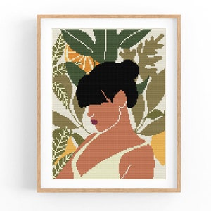 Kruissteekpatroon Modern tropisch abstract, vrouw, plant xstitch patroon, citrus, kruissteekschema, natuur, Instant Download PDF