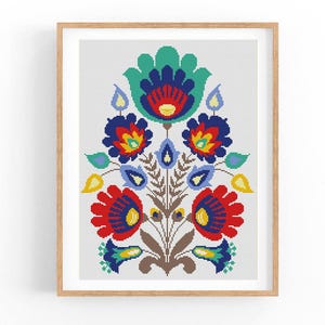 May include: A colorful floral design with red, blue, yellow, and green flowers. The flowers are stylized and have a folk art aesthetic.