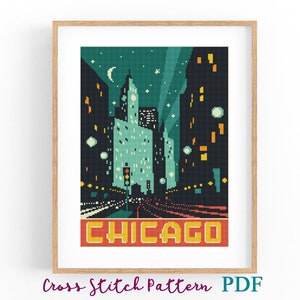 Chicago Cross Stitch Pattern. Modern USA Travel Poster. Counted Cross Stitch Chart. Retro Poster. PDF Instant Download.