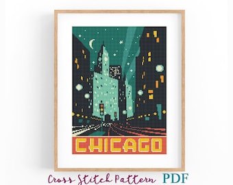 Modèle de point de croix de Chicago. Affiche de voyage moderne aux États-Unis. Tableau de point de croix compté. Affiche rétro. Téléchargement instantané PDF.