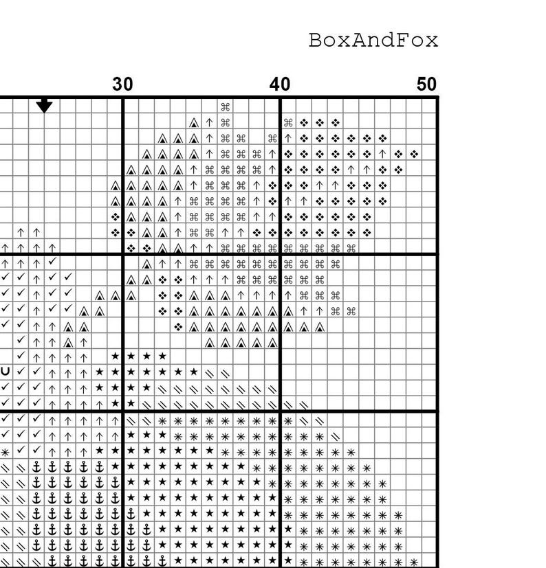 Pode incluir: Um padr&atilde;o de ponto cruz em preto e branco rotulado como BoxAndFox com linhas de grade numeradas 30, 40 e 50. O design apresenta v&aacute;rios s&iacute;mbolos, incluindo tri&acirc;ngulos, setas, estrelas, &acirc;ncoras e &iacute;cones de comando em formato de grade.