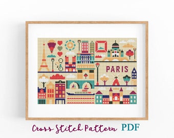 Cross Stitch Pattern Paris France. Travel Poster. Cityscape, Modern sampler. Counted Cross Stitch Chart. Art Landscape. PDF Instant Download