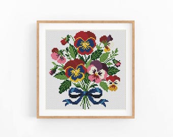 Pansy Flowers Cross Stitch Pattern, Botanical Bouquet Wall Art, Instant Download PDF