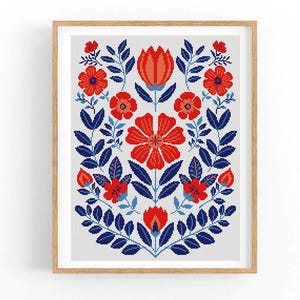 Kruissteekpatroon. Scandinavische volksbloemen. Moderne telpatroon. Natuurborduurwerk. Kussen x-stitch. PDF direct downloaden.
