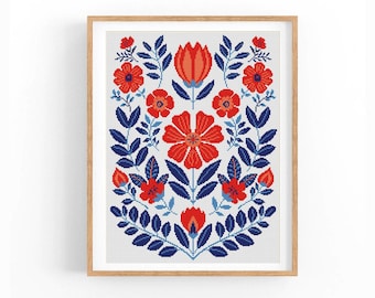 Scandinavian Cross Stitch Pattern. AI-Free, Hand Charted Folk Flowers. Modern Counted Nature Chart. Cushion x-stitch. Instant download PDF.
