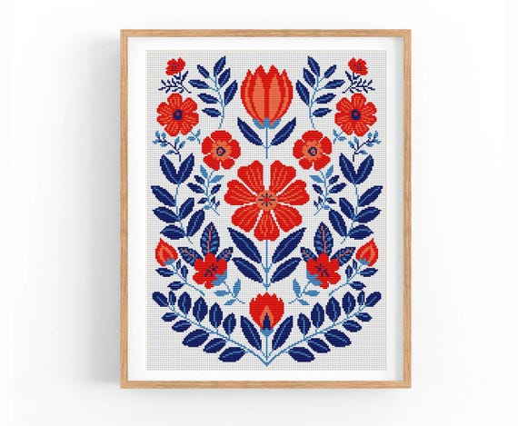 Cross stitch pattern. Scandinavian Folk Flowers. Modern Counted cross stitch chart. Nature embroidery.Cushion x-stitch.Instant download PDF.