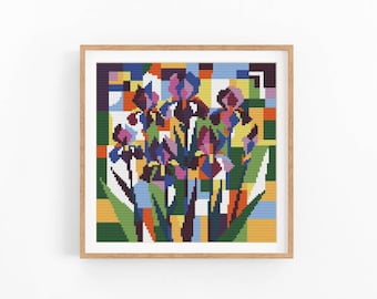 Iris Flowers Cross Stitch Pattern, Abstract Geometric Art, Instant Download PDF