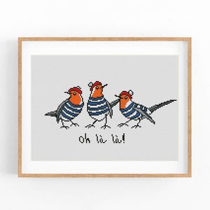 Puede incluir: Una obra de arte de punto de cruz enmarcada con tres pájaros con cabezas naranjas, cuerpos a rayas azules y blancas y sombreros rojos. Los pájaros están sobre un fondo blanco con la frase "Oh là là!" en texto negro.