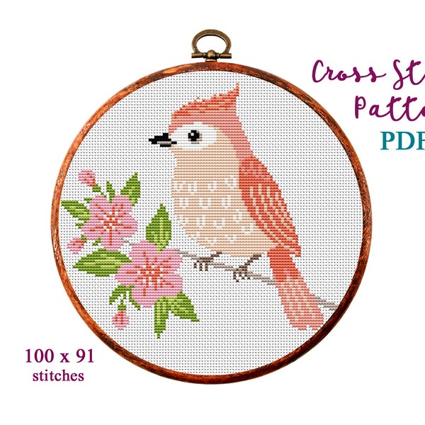 Flowers and bird cross stitch pattern. Modern counted cross stitch chart. Nature hoop art embroidery. Small x-stitch. Instant download PDF.