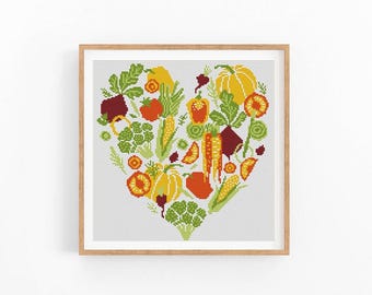 Vegetable Heart Cross Stitch Pattern, Kitchen Decor Xstitch, Farmhouse Veggie Chart, Beginner Friendly, Instant Download, Digital File