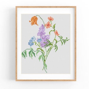 Wilde bloemen. Modern kruissteekpatroon. Getelde kruissteekkaart, vergeet-mij-nietje, lila tulpenborduurwerk, x-steek. Pdf direct downloaden