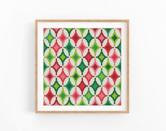 Geometric Cross Stitch Pattern, Red Pink and Green Diamond Tile Chart, Modern Mosaic Wall Art, Beginner Friendly, Instant Download PDF