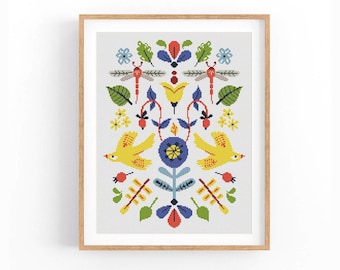 Cross stitch pattern. Scandinavian Folk Flowers, Birds Counted cross stitch chart. Nature embroidery.Cushion x-stitch.Instant download PDF.