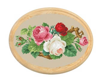 Wzór haftu krzyżykowego Vintage Flowers, antyczny wzór haftu krzyżykowego, wiktoriański kwiatowy wzór haftu krzyżykowego, haftowany kwiat, natychmiastowe pobranie pliku PDF