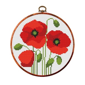 Kruissteekpatroon. Papavers. Weide bloemen. Getelde kruissteekkaart. Natuur modern borduurwerk. Kleine steek. Pdf direct downloaden