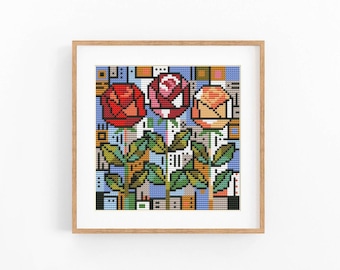 Roses Flowers Cross Stitch Pattern, Abstract Geometric Art, Instant Download PDF