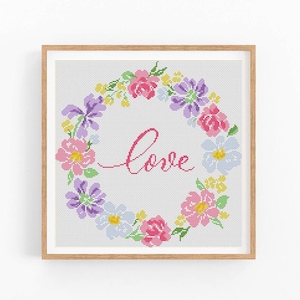Padrão de ponto cruz moderno Flor Coração Amor, design de bordado para o Dia dos Namorados, gráfico de ponto cruz, ponto cruz para iniciantes, download instantâneo em PDF.