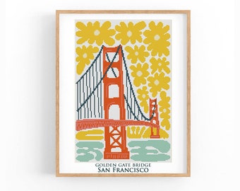 Cross Stitch Golden Gate Bridge San Francisco Travel Poster. Cityscape, Abstract. Counted Cross Stitch Chart Landscape PDF Instant Download.