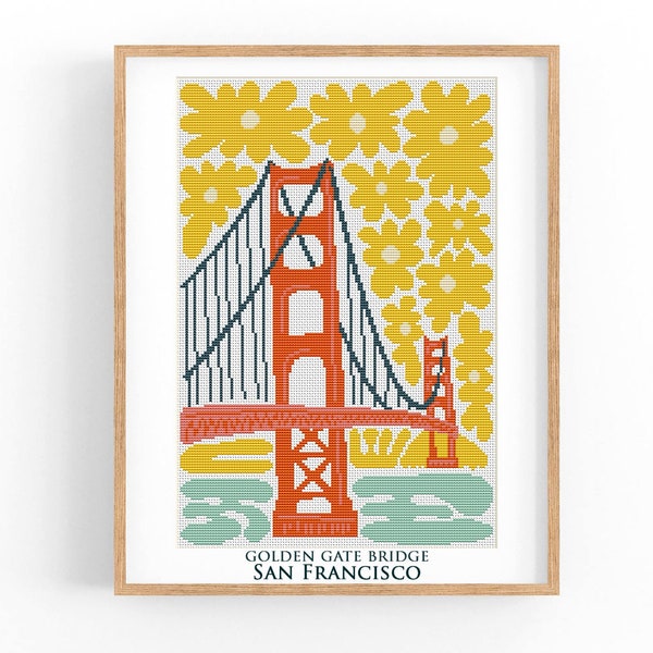 Affiche de voyage Golden Gate Bridge San Francisco au point de croix. Paysage urbain, abstrait. Tableau au point de croix compté Paysage PDF Téléchargement instantané.