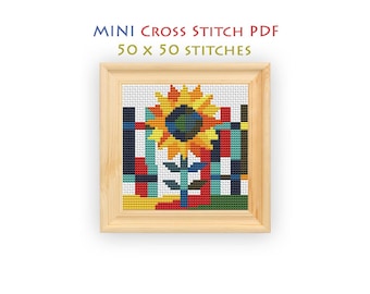 Abstract Sunflower Cross Stitch Pattern, Modern Easy Chart for Beginners, Rustic Design, Instant Download PDF