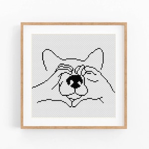 Può includere: Schema di punto croce in bianco e nero di un animale dei cartoni animati con le zampe che gli coprono gli occhi.