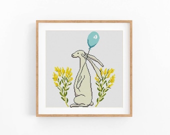 Bunny Cross Stitch Pattern, Balloon Wildflowers Chart, Modern Animal, Instant Download PDF