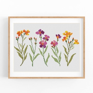 Wilde bloemen. Modern kruissteekpatroon. Getelde kruissteekkaart. Natuurkunst handborduurwerk. Kleine steek. Pdf direct downloaden