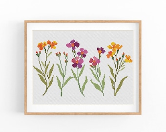 Wild flowers. Modern Cross Stitch Pattern. Counted cross stitch chart. Nature art hand embroidery. Small xstitch. Instant download PDF