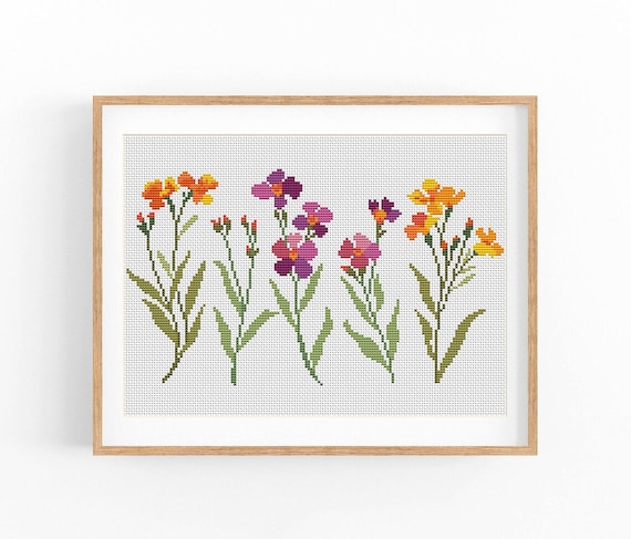 ハンドメイド　刺繍クロス　「wild flowers & leaves」 Wild Flowers. Modern Cross Stitch Pattern. Counted Cross Stitch