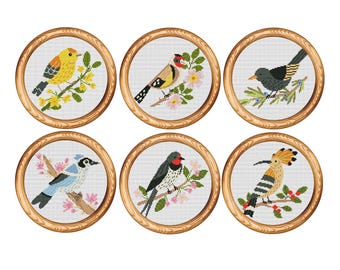 Set of 6 Bird Cross Stitch Patterns, Modern Nature Ornithology (PDF Download)