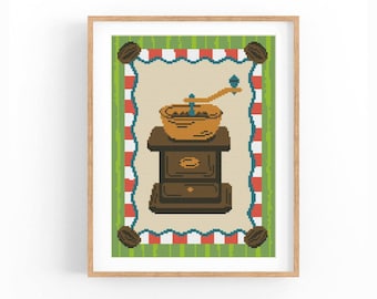 Koffiemolen kruissteekpatroon, vintage keukendecor, cadeau koffieliefhebber, DMC-kleuren, direct downloaden, digitaal bestand