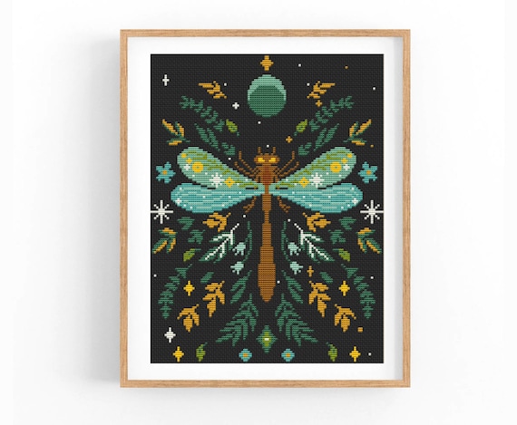 Dragonfly Cross Stitch Pattern, Celestial Night Garden Chart, Modern Woodland Nature, Instant Download PDF