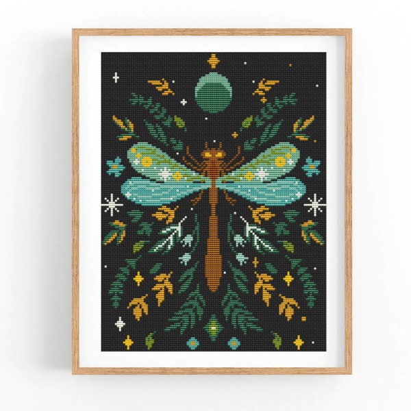 Dragonfly cross stitch pattern, Woodland insect nature cross stitch, Hoop Embroidery. Modern counted cross stitch chart.Instant download PDF