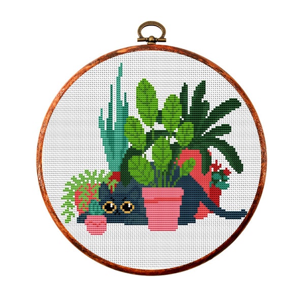 Cross Stitch Pattern, Cat with Plants, Modern x-stitch Pattern, Cross Stitch Chart, Cat Lover Gift Pattern, Instant Download PDF