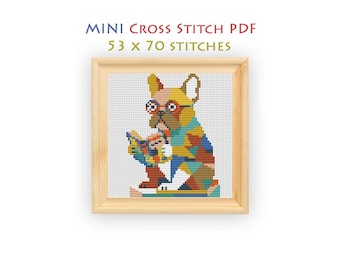 French Bulldog Reading Mini Cross Stitch Pattern, Modern Beginner Dog Chart, Instant Download PDF