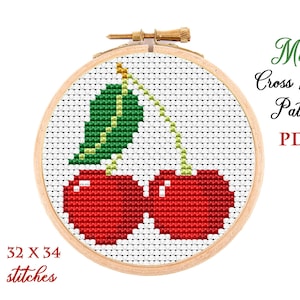 Mini Cross Stitch Pattern. Cherry. Counted cross stitch chart. Fruit hoop art embroidery. Tiny xstitch for beginner. Instant download PDF