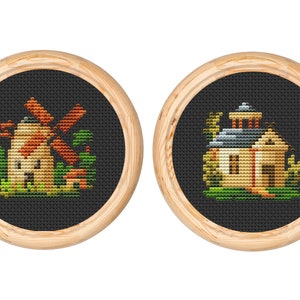 Set of 2 Vintage Cross Stitch Pattern, Victorian, Antique Cross Stitch Design, Mini house, mill, x-stitch pattern, Instant download PDF